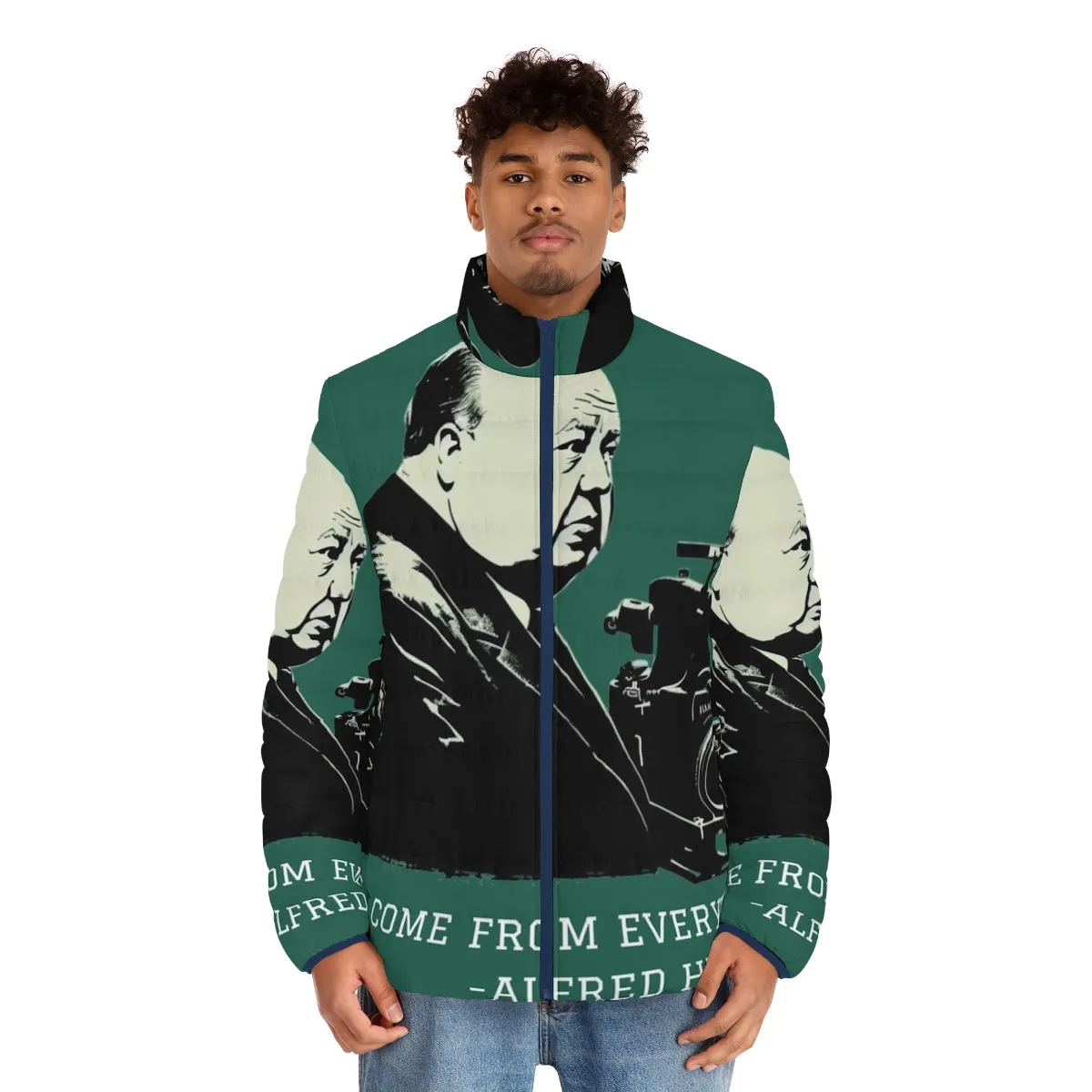 Alfred Hitchcock Inspired Illustration Puffer Jacket