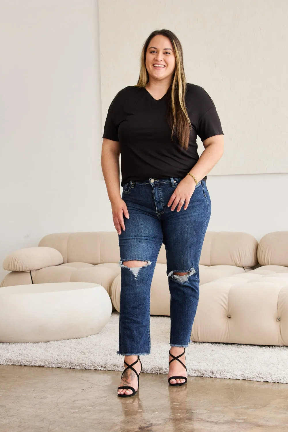 Crop Dylan Tummy Control Distressed High Waist Raw Hem Jeans