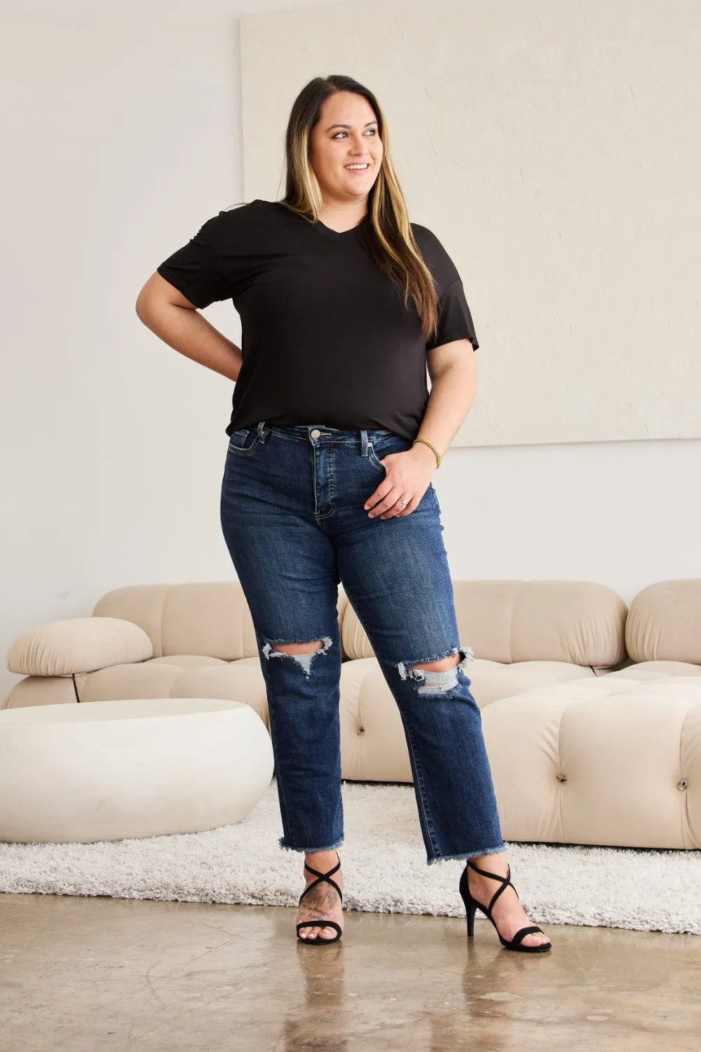 Crop Dylan Tummy Control Distressed High Waist Raw Hem Jeans