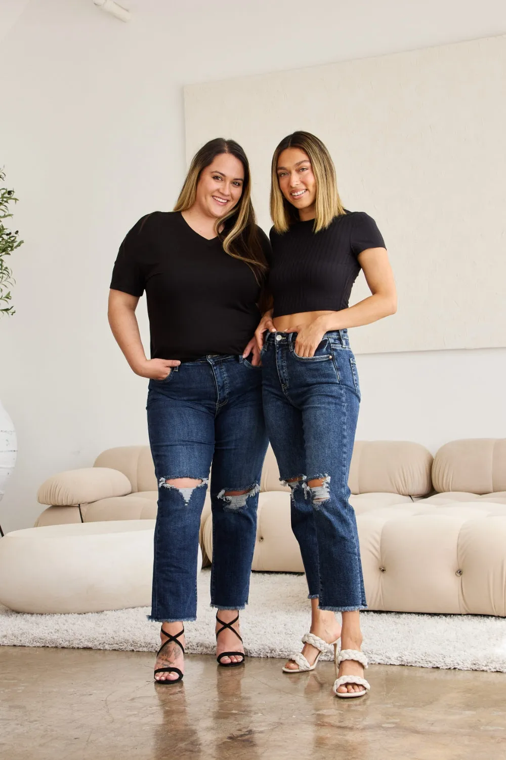 Crop Dylan Tummy Control Distressed High Waist Raw Hem Jeans