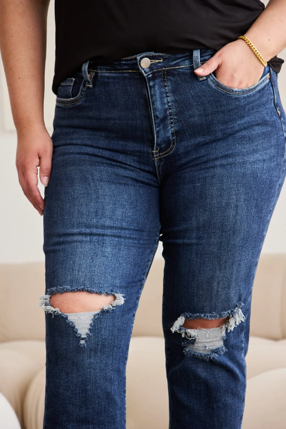 Crop Dylan Tummy Control Distressed High Waist Raw Hem Jeans