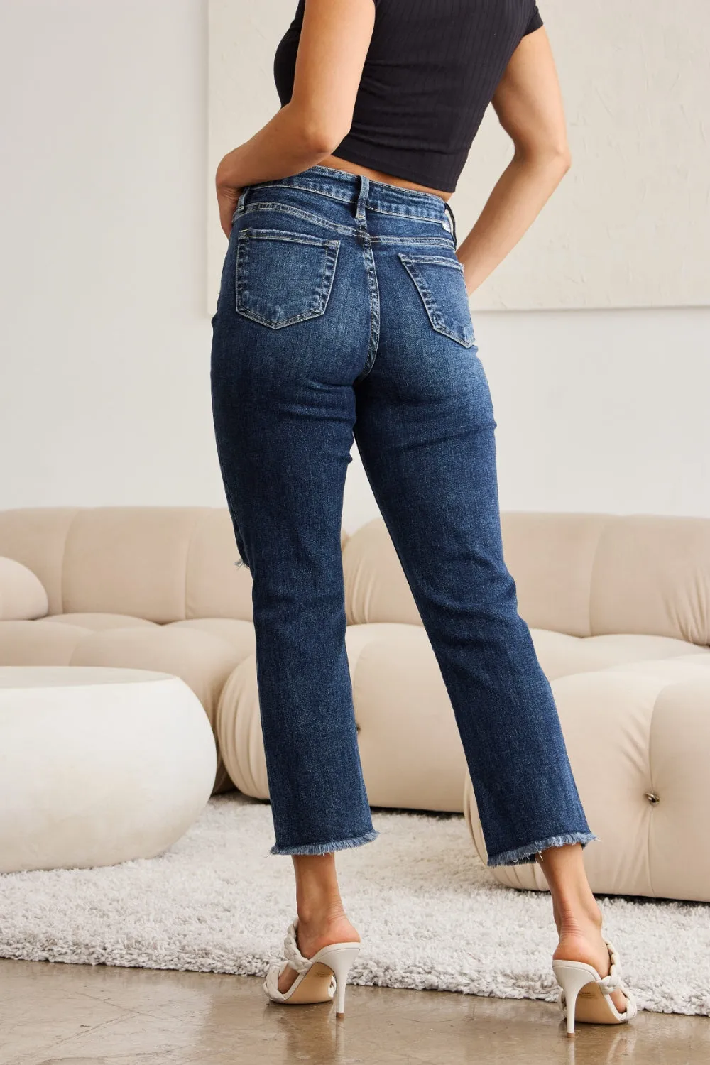 Crop Dylan Tummy Control Distressed High Waist Raw Hem Jeans
