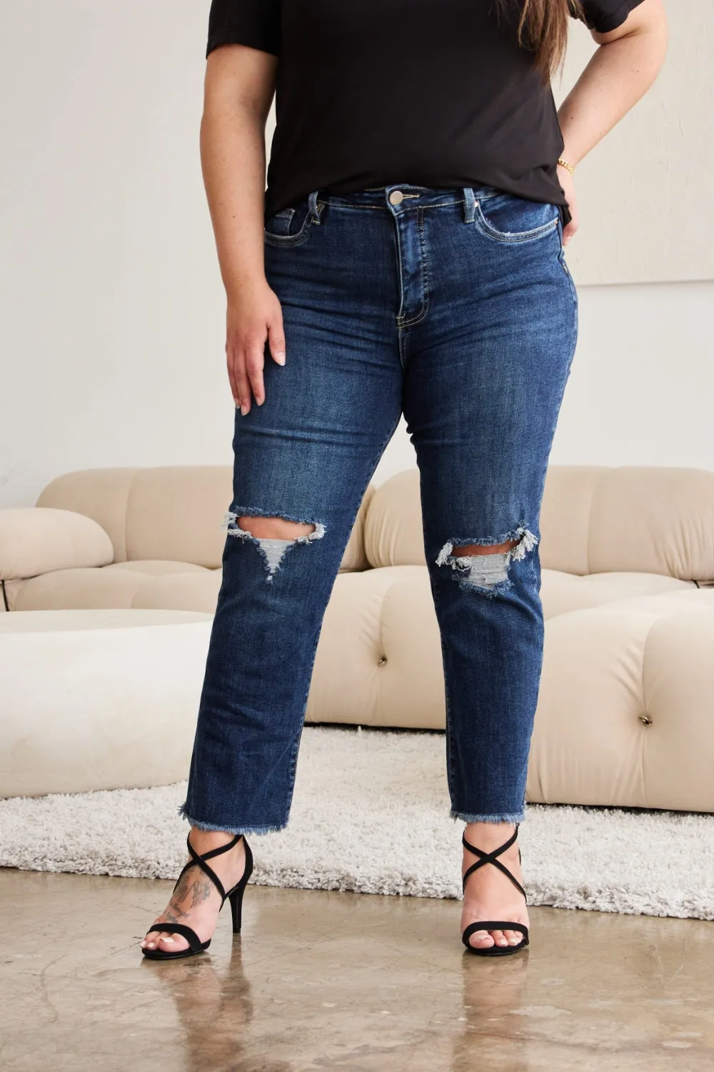 Crop Dylan Tummy Control Distressed High Waist Raw Hem Jeans