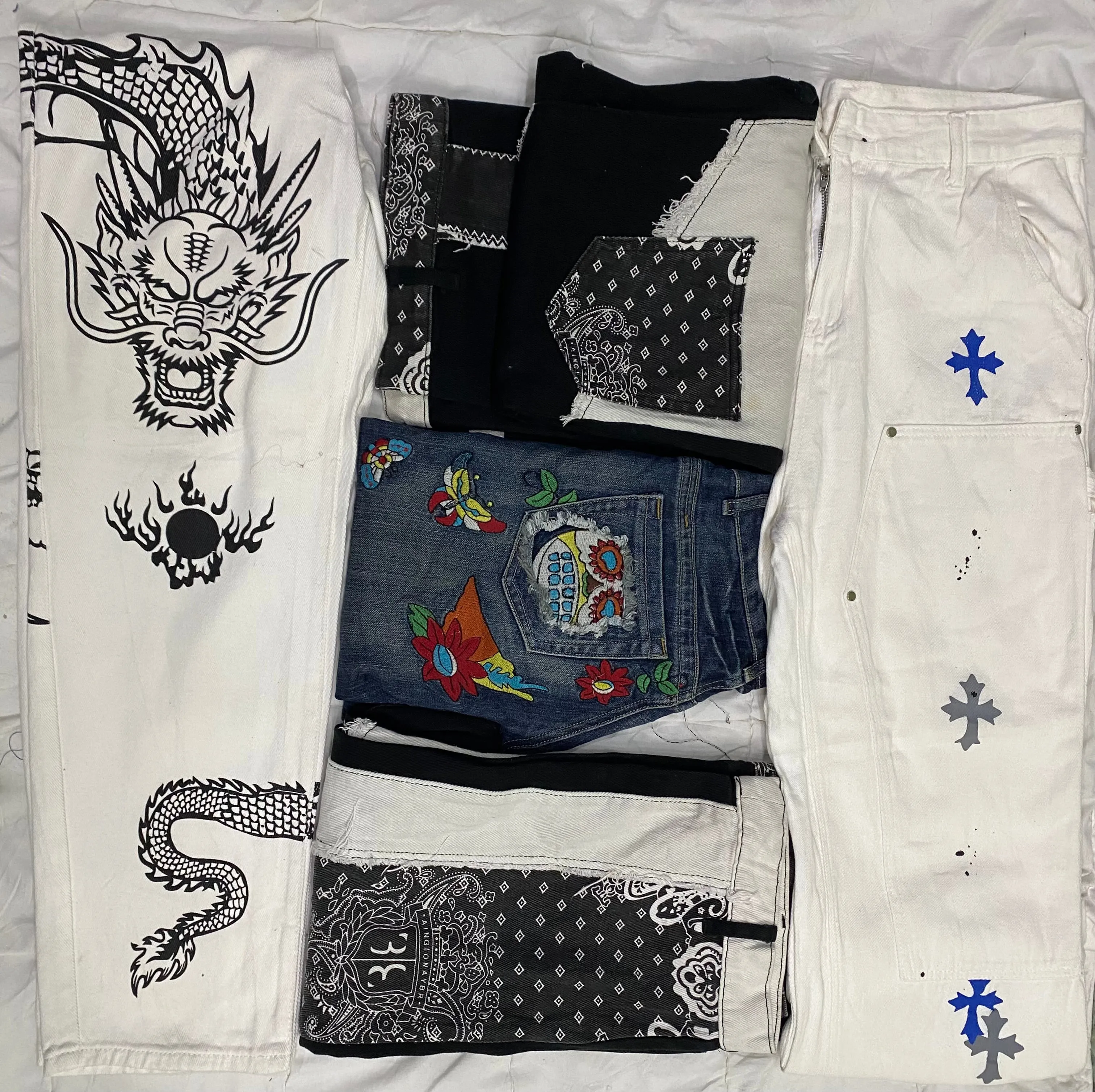 Emroidery baggy bootcut mix jeans