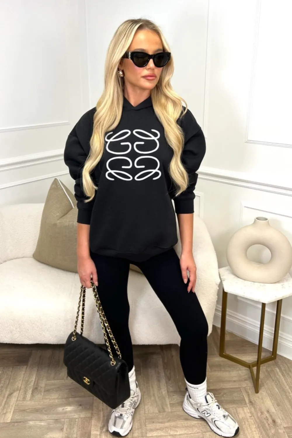 Gege black embroidered with white premium essential relaxed hoodie