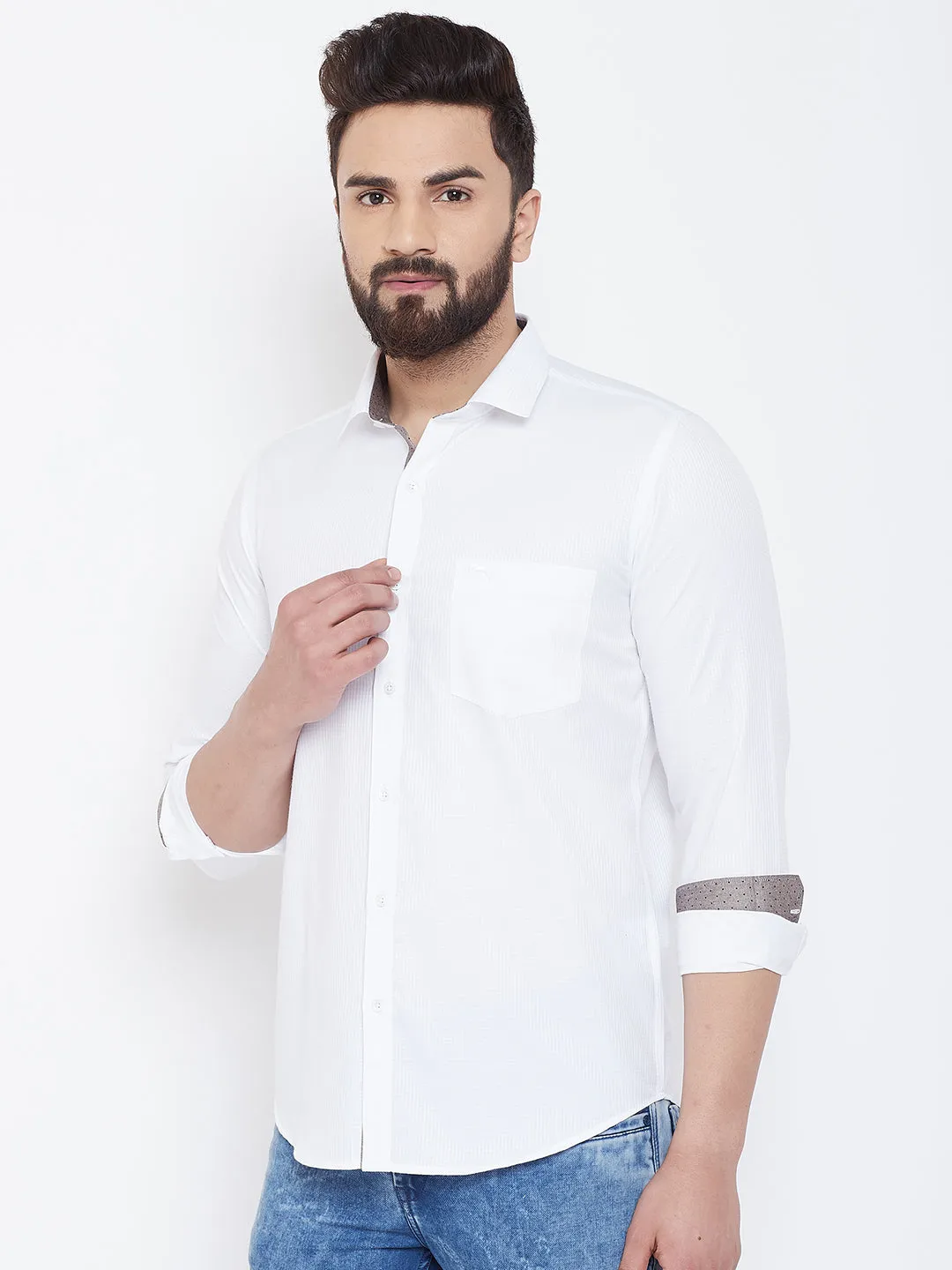 JUMP USA Men White Check Cotton Casual Shirts