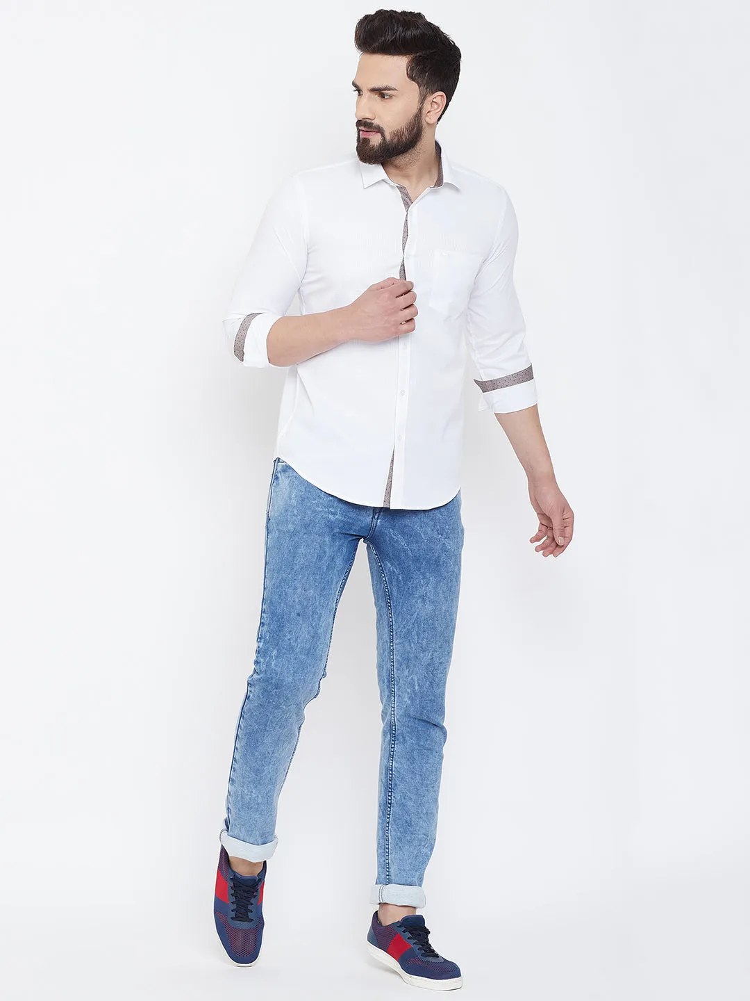 JUMP USA Men White Check Cotton Casual Shirts
