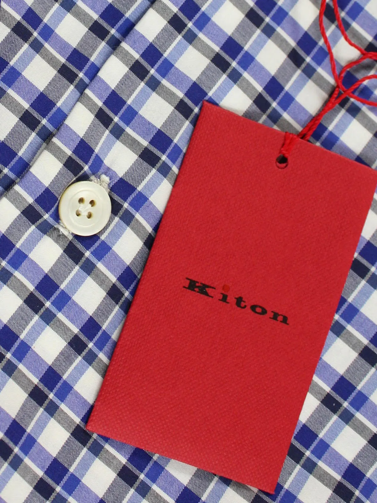 Kiton Dress Shirt Royal Blue Plaid Spread Collar 40 - 15 3/4 SALE