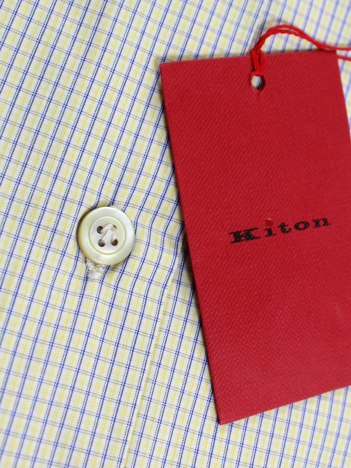 Kiton Dress Shirt White Lime Navy Check Spread Collar 38 - 15 REDUCED - SALE