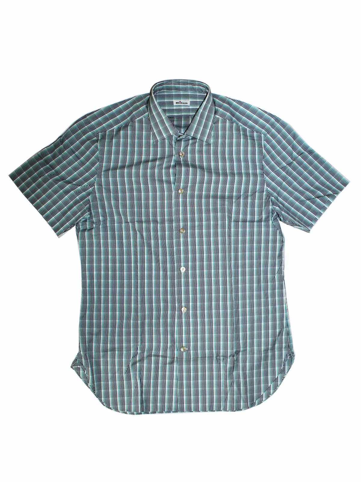Kiton Short Sleeve Shirt White Turquoise Green Navy Check 38 - 15 BLACK FRIDAY SALE