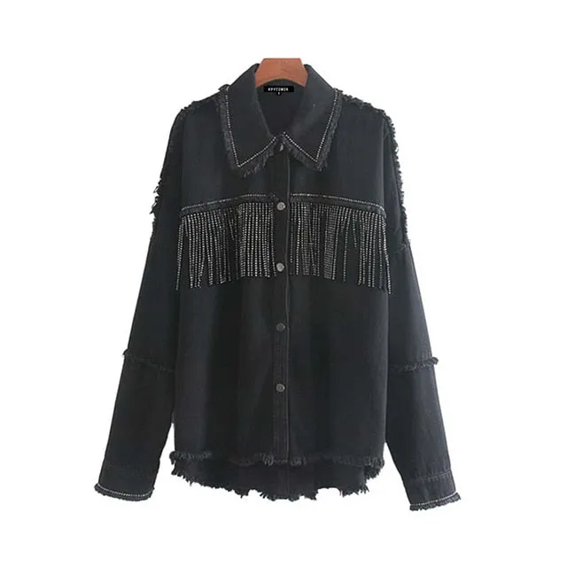 KPYTOMOA Women Fashion Tassel Beaded Oversized Denim Jacket Coat Women Vintage Long Sleeve Frayed Hem Female Outerwear Chic Tops