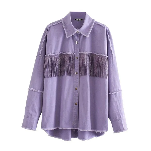 KPYTOMOA Women Fashion Tassel Beaded Oversized Denim Jacket Coat Women Vintage Long Sleeve Frayed Hem Female Outerwear Chic Tops