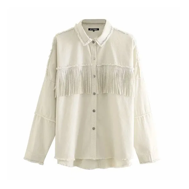 KPYTOMOA Women Fashion Tassel Beaded Oversized Denim Jacket Coat Women Vintage Long Sleeve Frayed Hem Female Outerwear Chic Tops