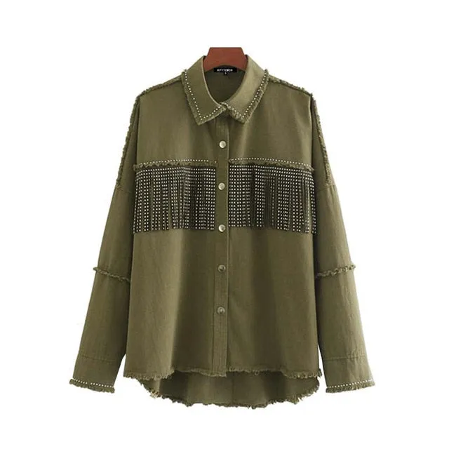 KPYTOMOA Women Fashion Tassel Beaded Oversized Denim Jacket Coat Women Vintage Long Sleeve Frayed Hem Female Outerwear Chic Tops