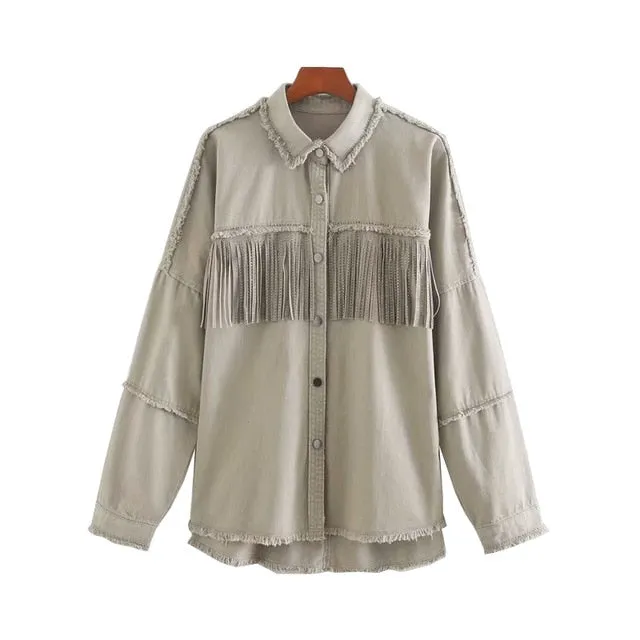 KPYTOMOA Women Fashion Tassel Beaded Oversized Denim Jacket Coat Women Vintage Long Sleeve Frayed Hem Female Outerwear Chic Tops
