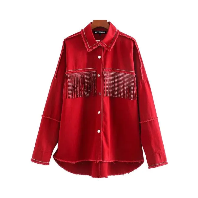 KPYTOMOA Women Fashion Tassel Beaded Oversized Denim Jacket Coat Women Vintage Long Sleeve Frayed Hem Female Outerwear Chic Tops