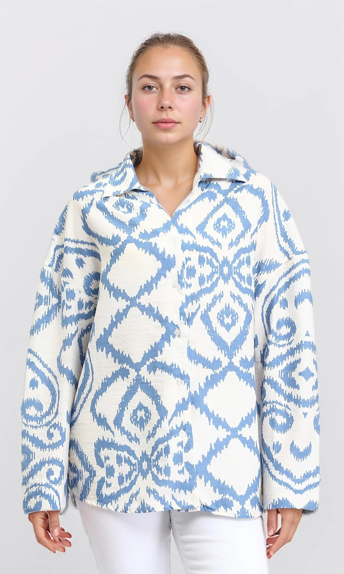 R206508 - Open V-Neck Patterned Shirt - Baby Blue & Off-White