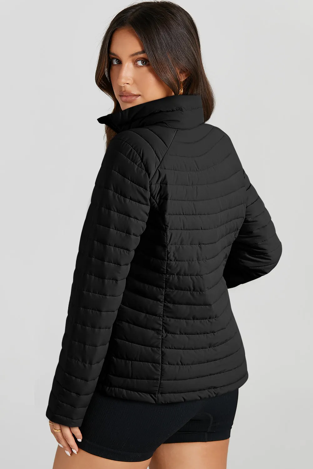 Solid Color Quilted Zip-up Puffer Jacket