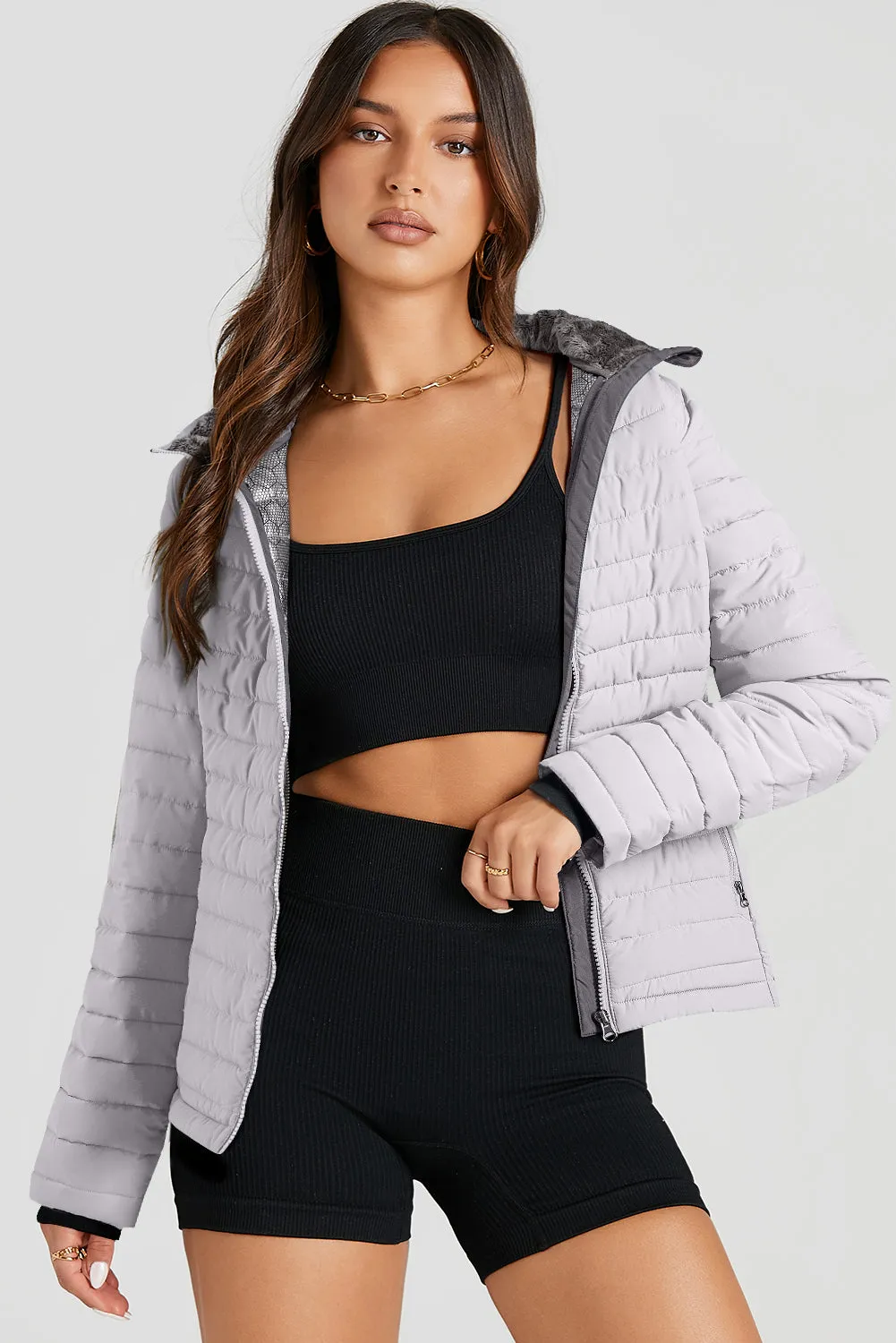 Solid Color Quilted Zip-up Puffer Jacket