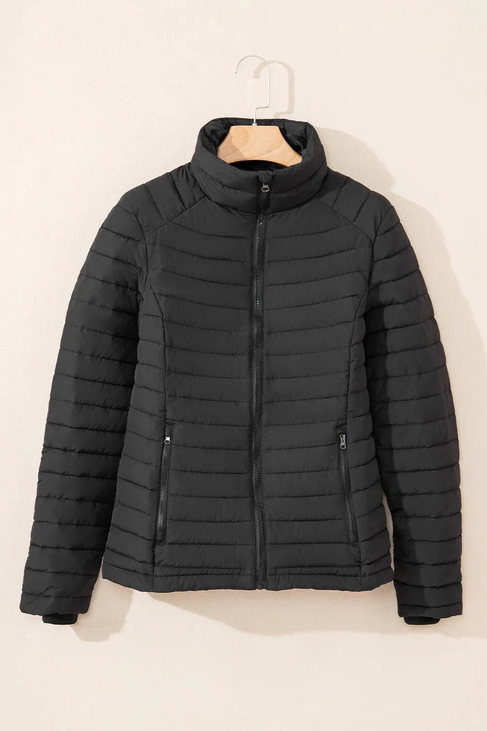 Solid Color Quilted Zip-up Puffer Jacket