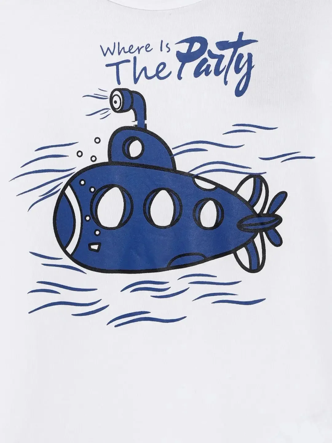 White Submarine Printed Round Neck Cotton T-shirt