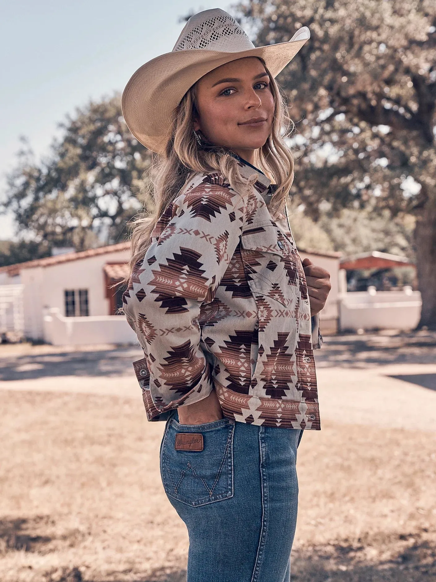 Women's Wrangler® Western Printed Boyfriend Jacket in Geo Brown